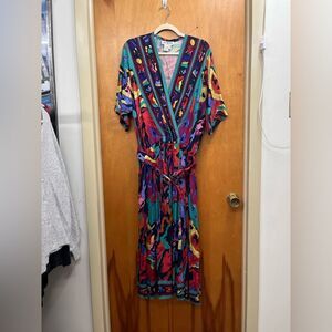 Vintage 80s 90s Together Multicolor Abstract funky loud faux wrap Dress